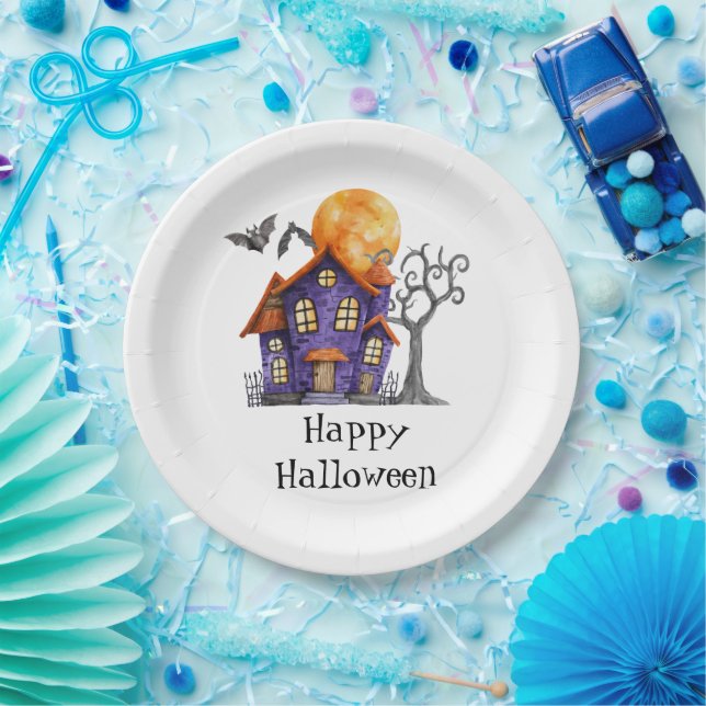 Personalised Happy Halloween Haunted House Party Paper Plate (Party)