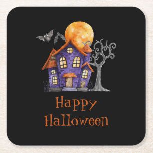 Personalised Happy Halloween Haunted House Square Paper Coaster