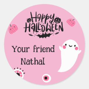 Personalised Happy Halloween with Cute Ghost PINK Classic Round Sticker