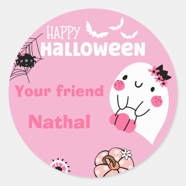 Personalised Happy Halloween with Cute Ghost Pink Classic Round Sticker (Front)
