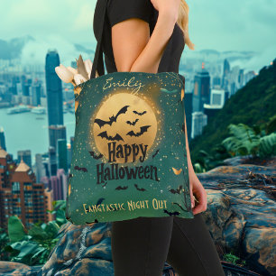 Personalised Happy Halloween with Green Moonlit Tote Bag