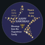 Personalised HAPPY HANUKKAH Classic Round Sticker<br><div class="desc">Stylish blue and gold personalised HANUKKAH stickers to wish your family and friends a Happy Hanukkah. The design shows text that says HAPPY HANUKKAH in white typography at the centre, with PEACE, LOVE & JOY in gold coloured typography in one corner, and also written in HEBREW in the other corner....</div>