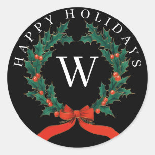 Personalised Happy Holidays Black Monogram Wreath  Classic Round Sticker