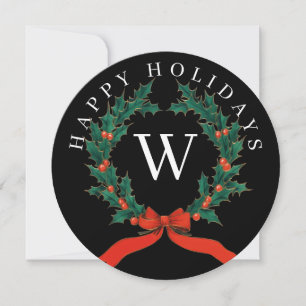Personalised Happy Holidays Black Monogram Wreath Holiday Card