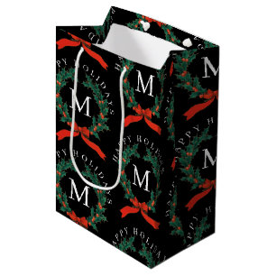 Personalised Happy Holidays Black Monogram Wreath Medium Gift Bag
