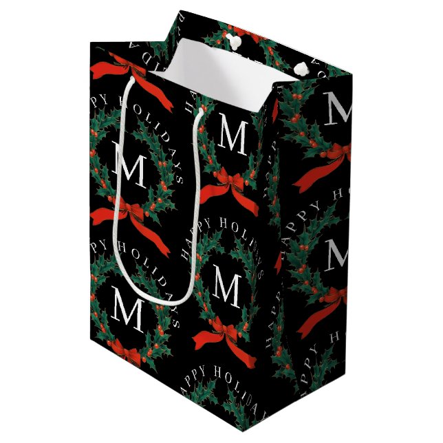 Personalised Happy Holidays Black Monogram Wreath  Medium Gift Bag (Front Angled)