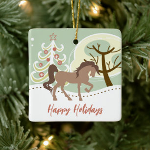 Personalised Happy Holidays Brown Horse Christmas Ceramic Ornament
