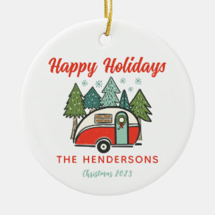 Personalised Happy Holidays Camper Red & White Ceramic Tree Decoration