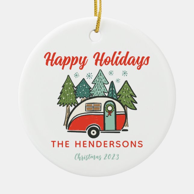 Personalised Happy Holidays Camper Red & White Ceramic Tree Decoration (Front)