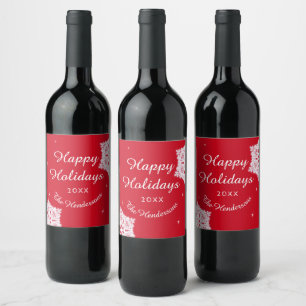 Personalised Happy Holidays Christmas Red White Wine Label