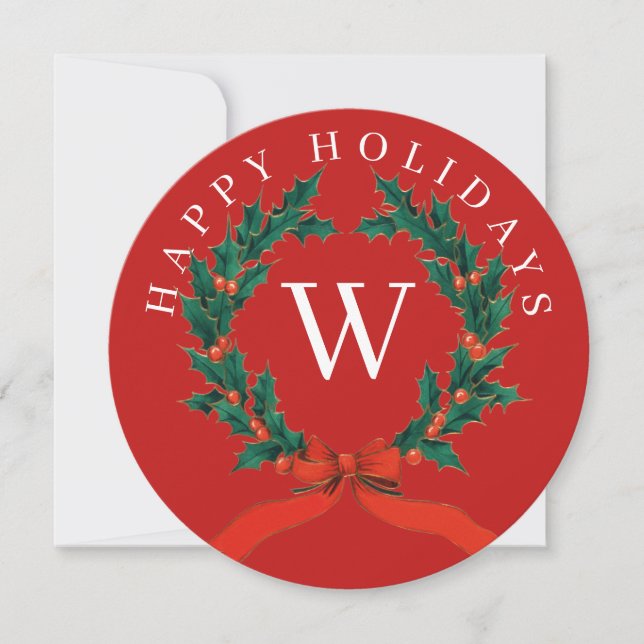 Personalised Happy Holidays Red Monogram Wreath  Holiday Card (Front)