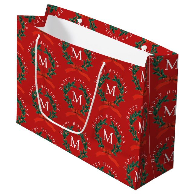 Personalised Happy Holidays Red Monogram Wreath Large Gift Bag (Front Angled)
