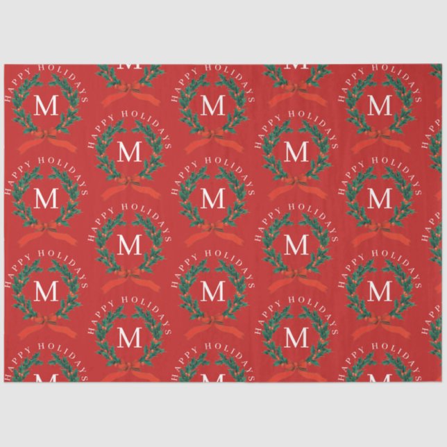 Personalised Happy Holidays Red Monogram Wreath  Tissue Paper (Front)
