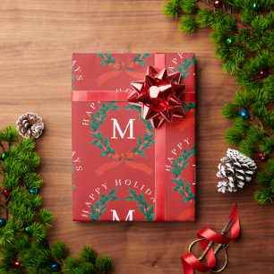 Personalised Happy Holidays Red Monogram Wreath  Wrapping Paper