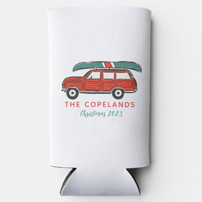 Personalised Happy Holidays Red Wagon Christmas Sc Seltzer Can Cooler (Front)