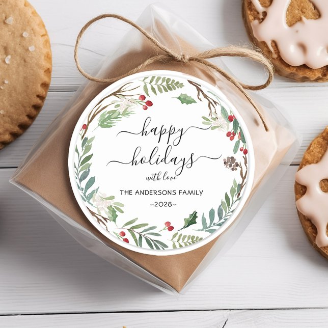 Personalised Happy Holidays watercolor wreath  Classic Round Sticker (Creator Uploaded)