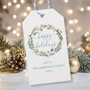 Personalised Happy Holidays watercolor wreath Gift Tags