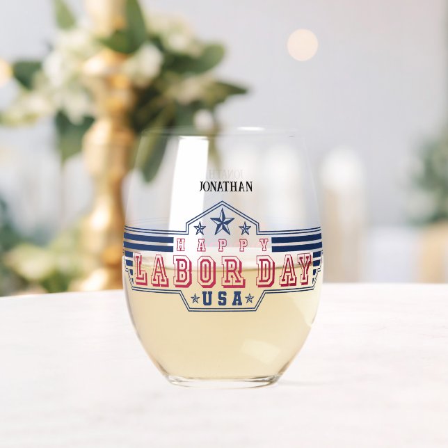 Personalised Happy Labour Day Stemless Wine Glass (Insitu (Wedding))