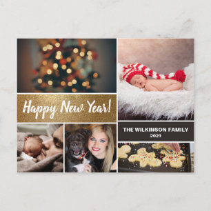 Personalised Happy New Year Gold Photo Collage Holiday Postcard
