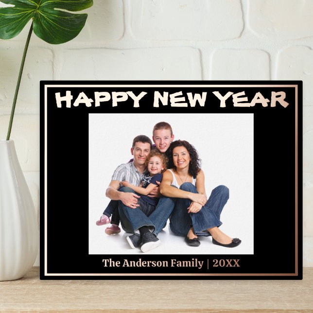 Personalised Happy New Year Modern Black Festive Foil Holiday Postcard (A Happy New Year postcard to personalize with your famiy's photo(s) and name(s))