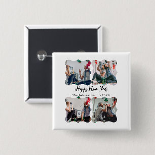 Personalised Happy New Year Script 4 collage photo 15 Cm Square Badge