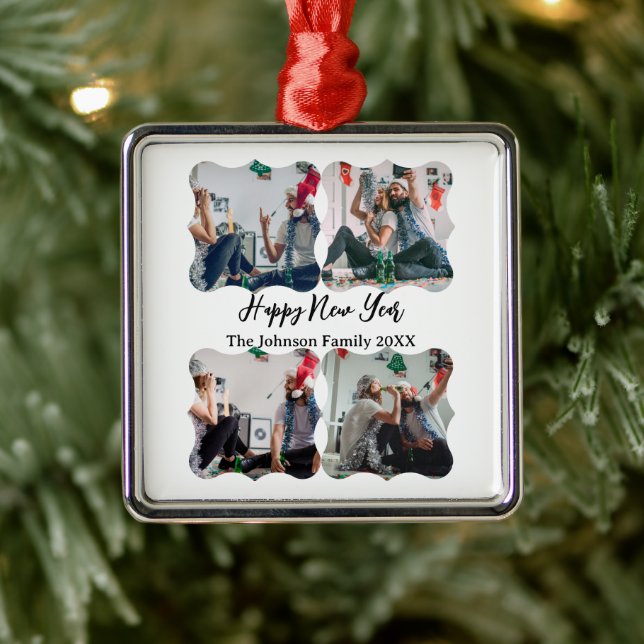 Personalised Happy New Year Script 4 collage photo Metal Tree Decoration (Tree)