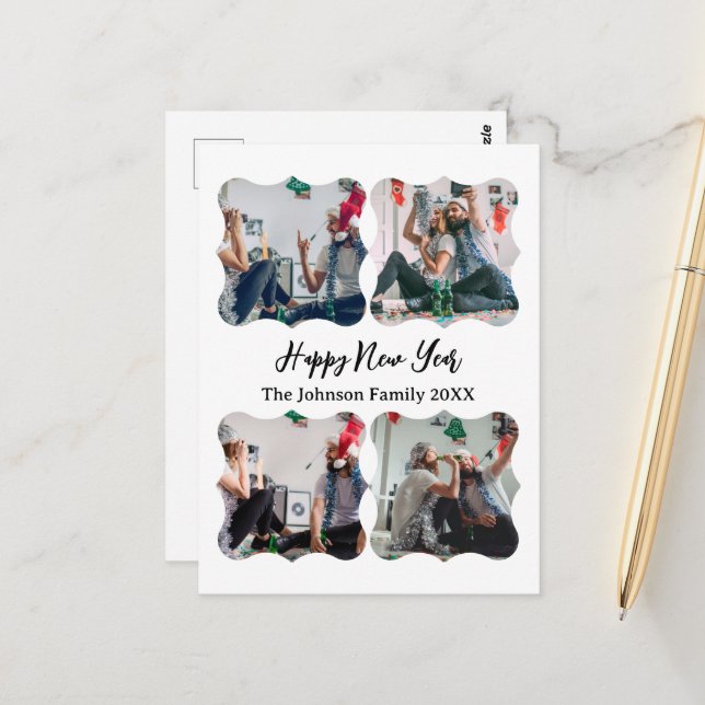Personalised Happy New Year Script 4 collage photo Postcard (Front/Back In Situ)