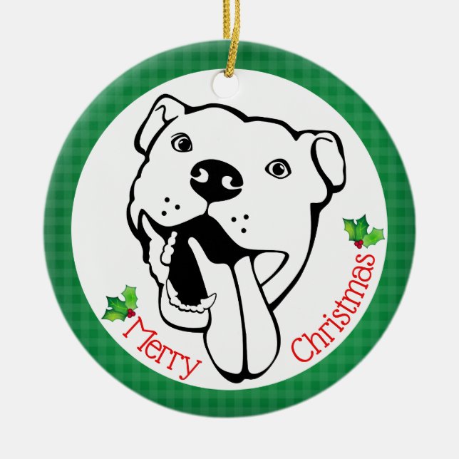 Personalised Happy Pit Bull Christmas Ceramic Tree Decoration (Front)