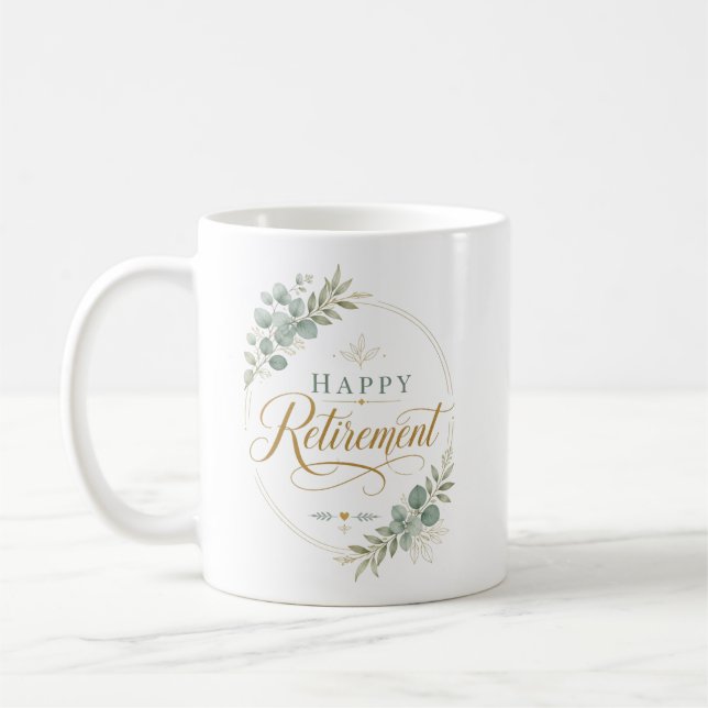 Personalised Happy Retirement Elegant Botanical Coffee Mug (Left)