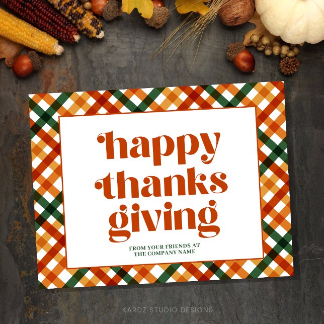 Personalised Happy Thanksgiving Business Postcard (Happy Thanksgiving Business Postcard with a beautiful orange and plaid background)