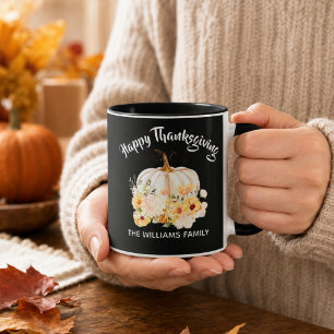 Personalised Happy Thanksgiving Floral Pumpkin Mug