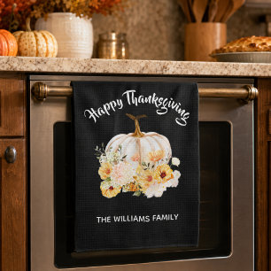 Personalised Happy Thanksgiving Floral Pumpkin Tea Towel