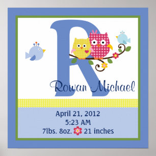 Personalised Happy Tree/Owls 2 Birth Info Poster