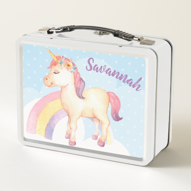 Personalised Happy Unicorn Lunch Box with Flowers (Back)