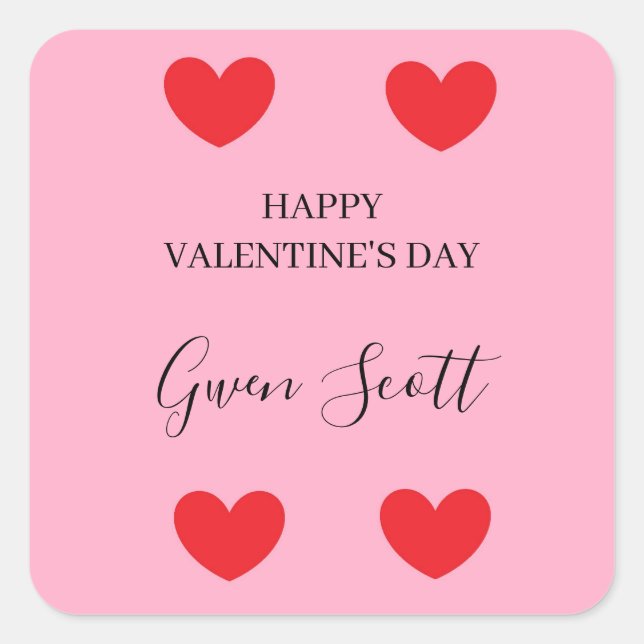 Personalised Happy Valentine's red heart pink Square Sticker (Front)