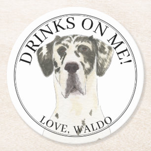 Personalised Harlequin Great Dane Wedding  Round Paper Coaster