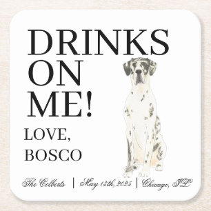 Personalised Harlequin Great Dane Wedding Square Paper Coaster