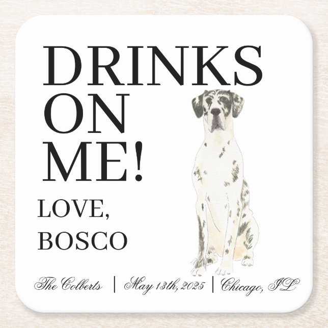 Personalised Harlequin Great Dane Wedding Square Paper Coaster (Front)