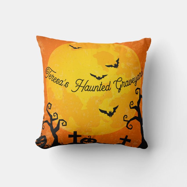 Personalised Haunted Graveyard Pillow, Moon Cushion (Front)
