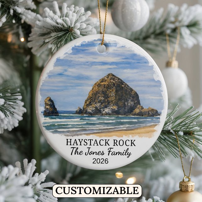 Personalised Haystack Rock Ornament, Custom Oregon Ceramic Tree Decoration (Creator Uploaded)