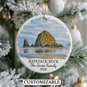 Personalised Haystack Rock Ornament, Custom Oregon Ceramic Tree Decoration