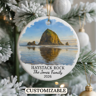 Personalised Haystack Rock Ornament, Custom Oregon Ceramic Tree Decoration