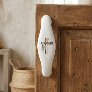 Personalised He Is Risen Vintage Easter Cross Ceramic Cabinet Pull