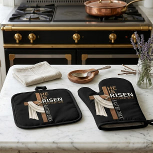 Personalised He Is Risen Vintage Easter Cross Oven Mitt & Pot Holder Set