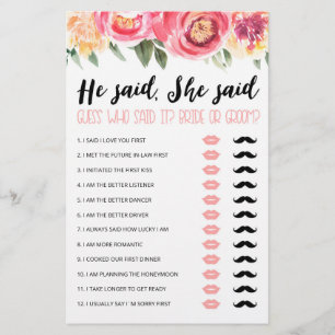 Personalised He said, She said Bridal Shower game