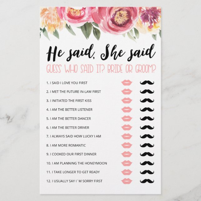 Personalised He said, She said Bridal Shower game (Front)