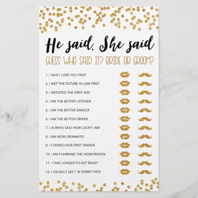 Personalised He said, She said Bridal Shower game (Front)