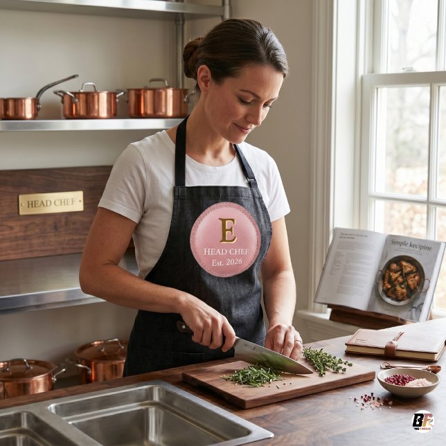 Personalised Head Chef Monogram Pink & Gold Logo Apron (#mother'sday)