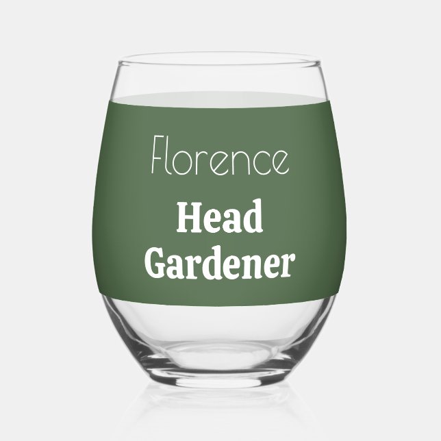 Personalised Head Gardener Sage Green Garden Lover Stemless Wine Glass (Front)