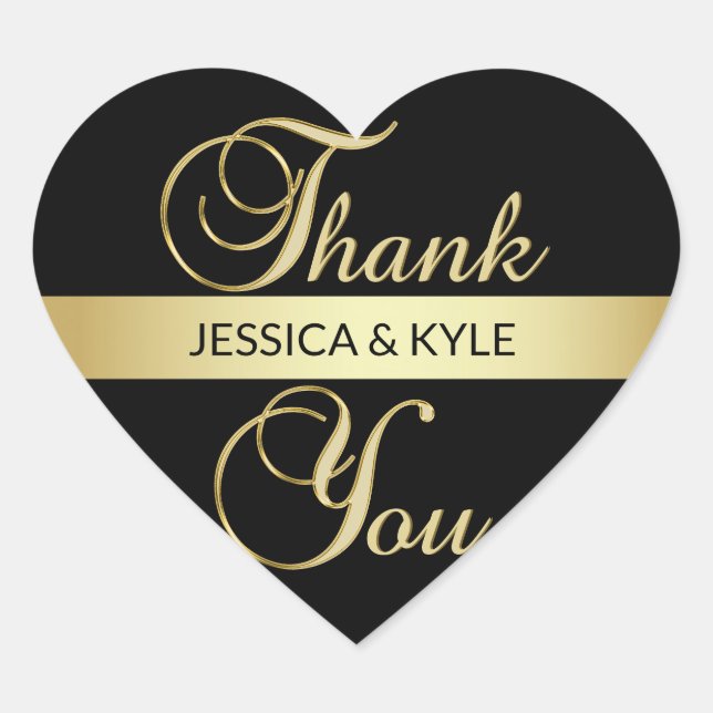 Personalised Heart Black Gold Wedding Thank You Sticker (Front)